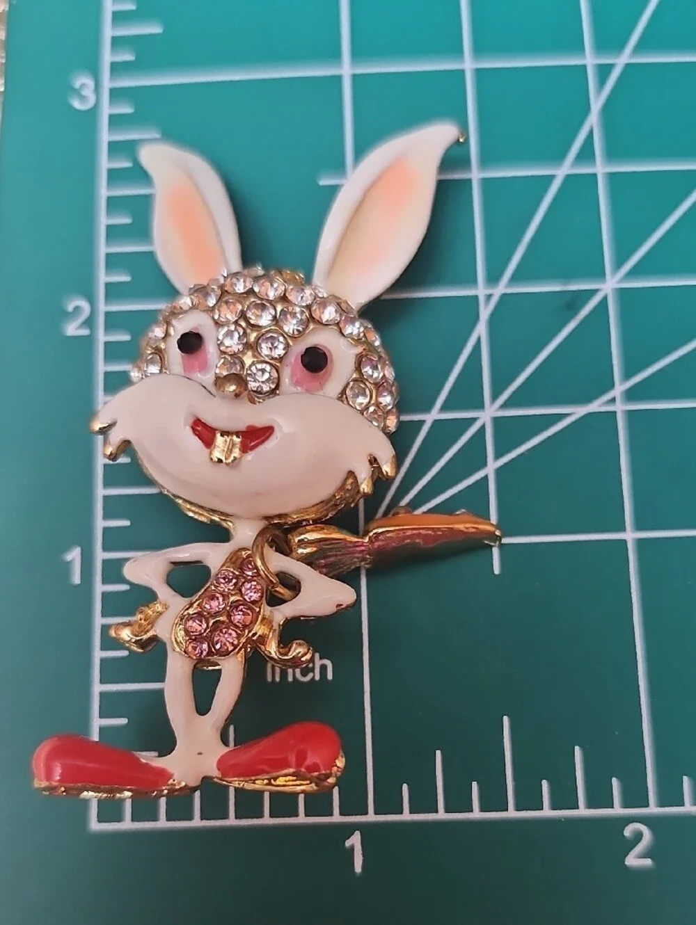 Crystal Bunny Brooch with Pink and Orange Enamel Accents
